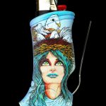 Hand-painted lighter sleeve featuring a portrait of a woman with doves, alongside a lighter and cleaning tool, on a black background.