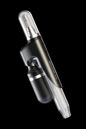 Sleek black cannabis oil vape pen with glass mouthpiece and charging base.
