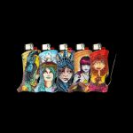 Five colorful, illustrated lighter cases depicting stylized portraits line up against a black background.
