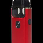 Red cannabis vape pen with a transparent cartridge.
