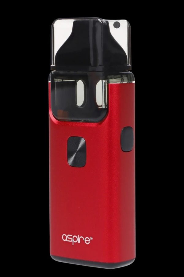 Red cannabis vape pen with a transparent cartridge.