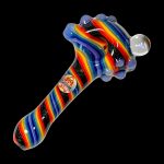 Colorful glass pipe for smoking cannabis, with a swirling rainbow pattern and clear mouthpiece.