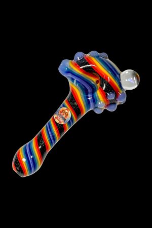 Colorful glass pipe for smoking cannabis, with a swirling rainbow pattern and clear mouthpiece.