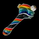 Hand pipe with vibrant rainbow and black swirl glasswork.