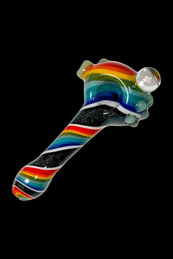 Hand pipe with vibrant rainbow and black swirl glasswork.