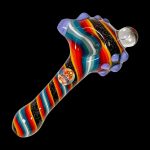 Colorful glass cannabis pipe with striped pattern and detailed glasswork.