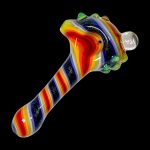 Colorful glass pipe with swirling rainbow stripes and a speckled mouthpiece.