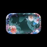 Floral rolling tray with dark green background.