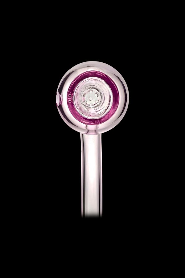 Pink glass pipe for smoking cannabis.