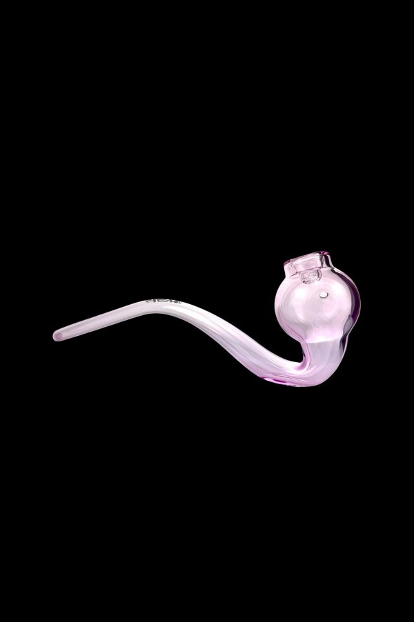 Pink glass bubbler pipe against a black background.