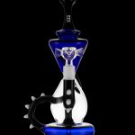 Blue and black glass water pipe (rig) with intricate design and curved mouthpiece, isolated on a black background.