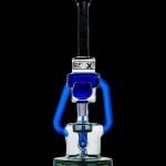 Blue and clear glass dab rig with intricate design against a black background.