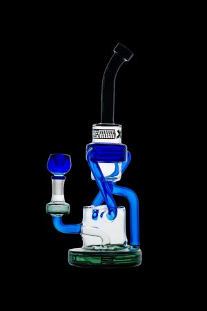 Blue glass dab rig with water filtration, featuring a perc chamber and angled mouthpiece.