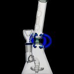 Glass bong with blue accents against a black background.