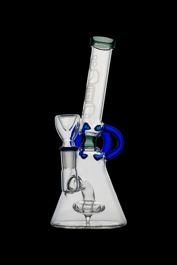 Glass bong with blue accents against a black background.