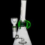 Green and clear glass bong with a flared base and removable bowl.
