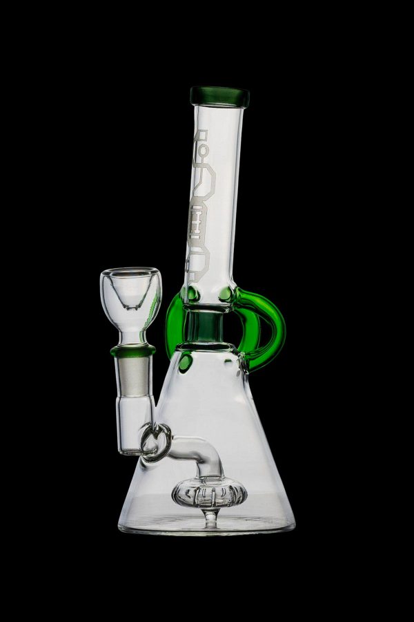 Green and clear glass bong with a flared base and removable bowl.