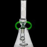 Clear glass bong with green accents and percolator filtration system.