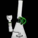 Clear glass bong with green accents, featuring a beaker shape and intricate percolator.
