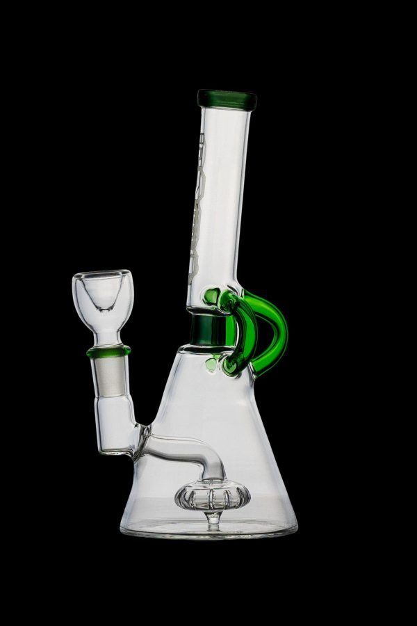 Clear glass bong with green accents, featuring a beaker shape and intricate percolator.