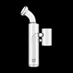 Clear glass bubbler with detachable downstem and mouthpiece, isolated on a black background.