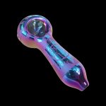 Iridescent glass smoking pipe with floral etching against a black background.