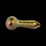 Glass smoking pipe with iridescent yellow finish and red accents.