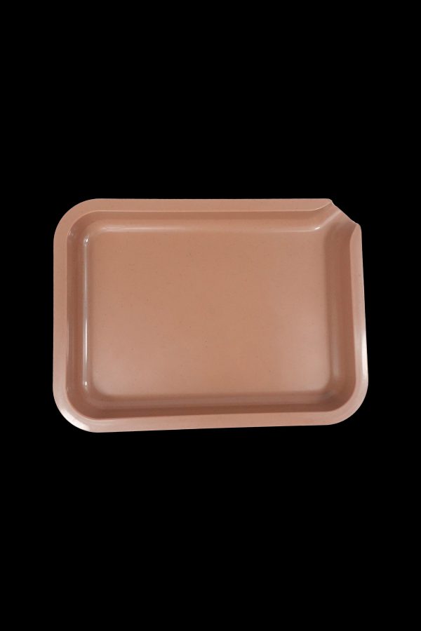 Brown rolling tray on a black background.