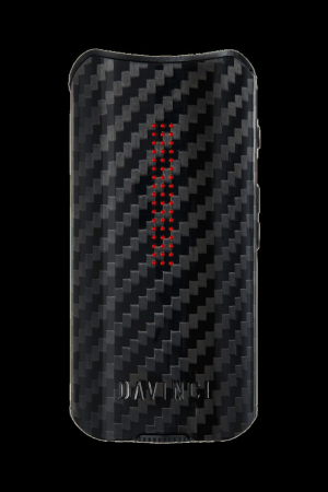 Black carbon fiber vaporizer with red digital display, branded "Davinci."
