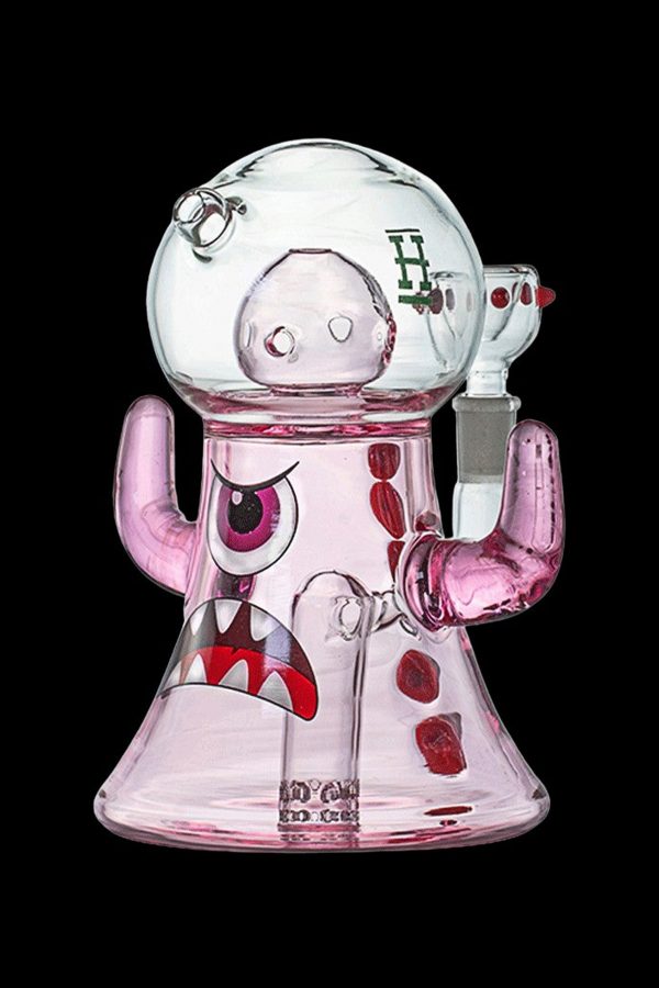 Glass water pipe shaped like a cartoon monster with a wide-open mouth and googly eyes.