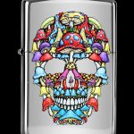 A Zippo lighter featuring a colorful, psychedelic skull design composed of various mushroom illustrations.