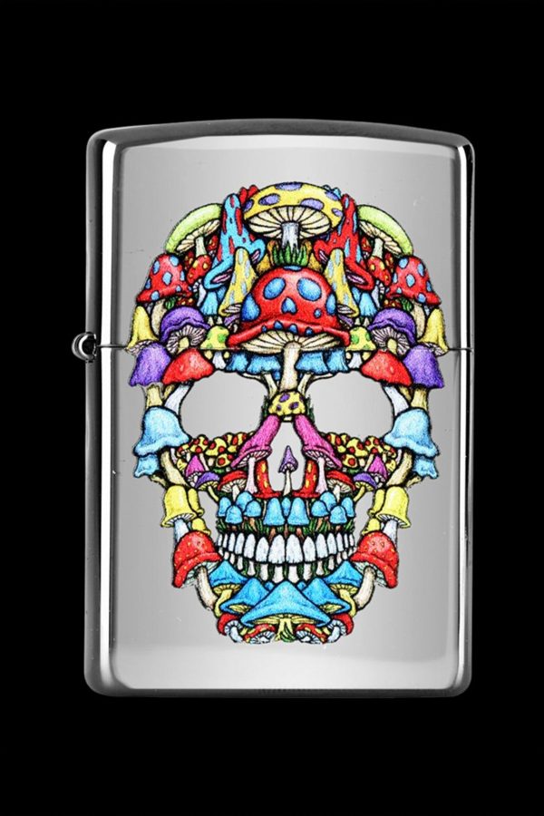 A Zippo lighter featuring a colorful, psychedelic skull design composed of various mushroom illustrations.