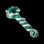 Hand-blown glass cannabis pipe with green and white swirl pattern.