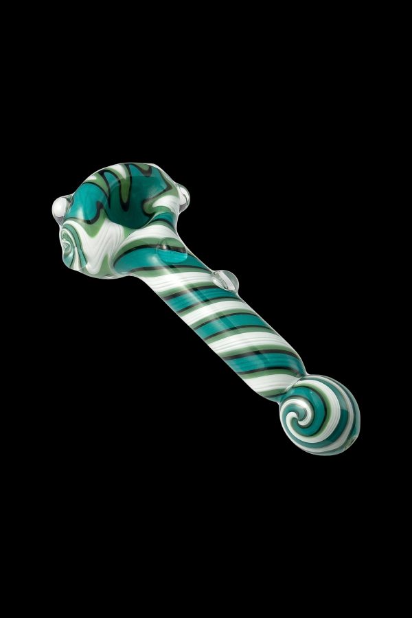 Hand-blown glass cannabis pipe with green and white swirl pattern.