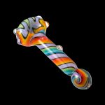 Colorful glass pipe with swirling rainbow pattern and sculpted mouthpiece.