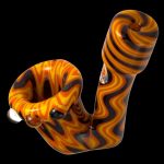 Hand-blown glass pipe with vibrant orange and black swirling pattern.