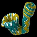 A colorful glass cannabis pipe with swirling turquoise, yellow, and white patterns.