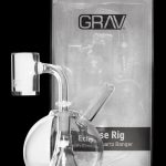 Glass cannabis rig with a quartz banger, packaged in a branded box.