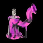 Purple and black glass water pipe (rig) with a quartz banger and dab tool.