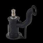 Black glass oil rig with a quartz banger and curved mouthpiece.