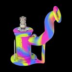 Colorful silicone water pipe (rig) with metallic downstem and bowl.