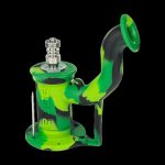 Green silicone rig with glass bowl for dabbing concentrates.