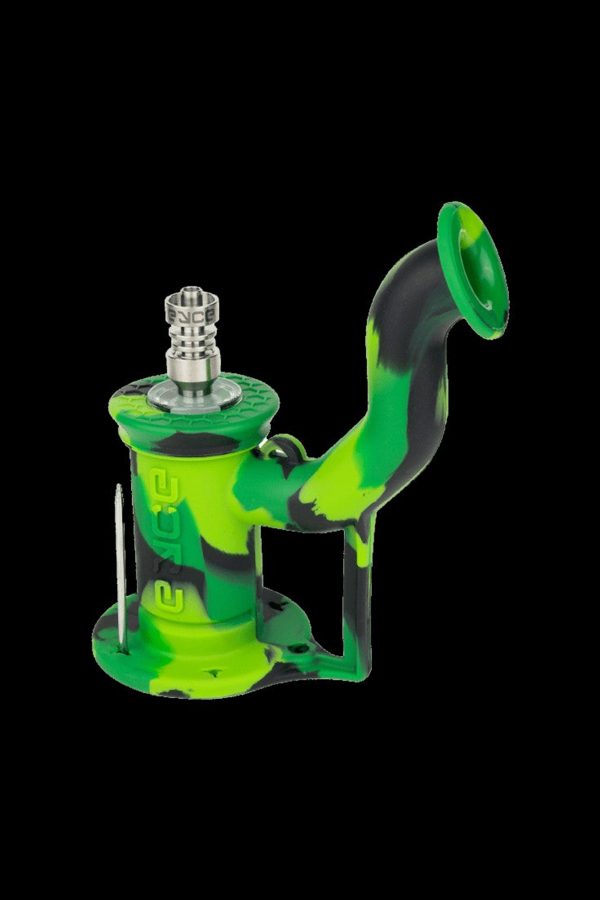 Green silicone rig with glass bowl for dabbing concentrates.