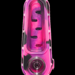 Pink and black silicone pipe for cannabis use.