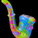 Colorful glass water pipe with intricate swirling patterns.