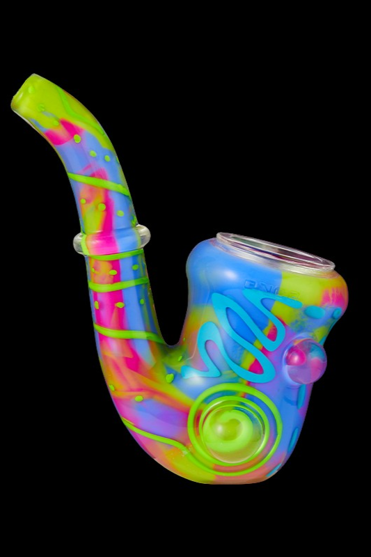 Colorful glass water pipe with intricate swirling patterns.