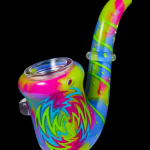 Colorful glass water pipe with swirling pink, blue, and green patterns.