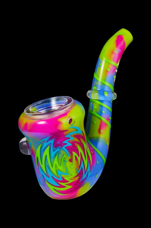 Colorful glass water pipe with swirling pink, blue, and green patterns.