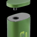 Green cannabis vaporizer with open lid.
