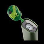 Olive green portable vaporizer with open lid revealing ceramic heating chamber.